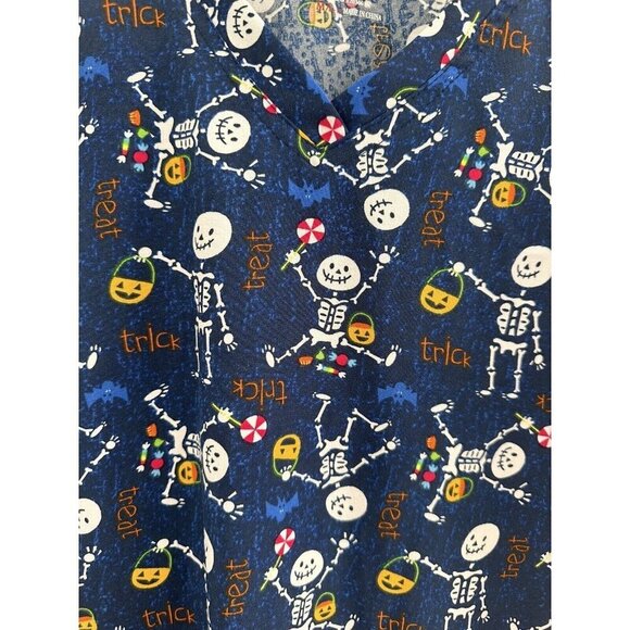 Halloween Scrub Top Scrubaid Women’s‎ M (10-12) Trick Or Treat Skeletons Blue - Picture 2 of 9